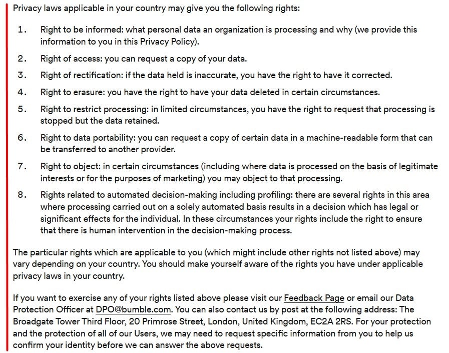Bumble Privacy Policy: User Rights clause