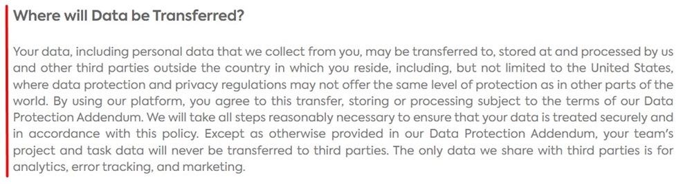 ClickUp Privacy Policy: Data transferred clause