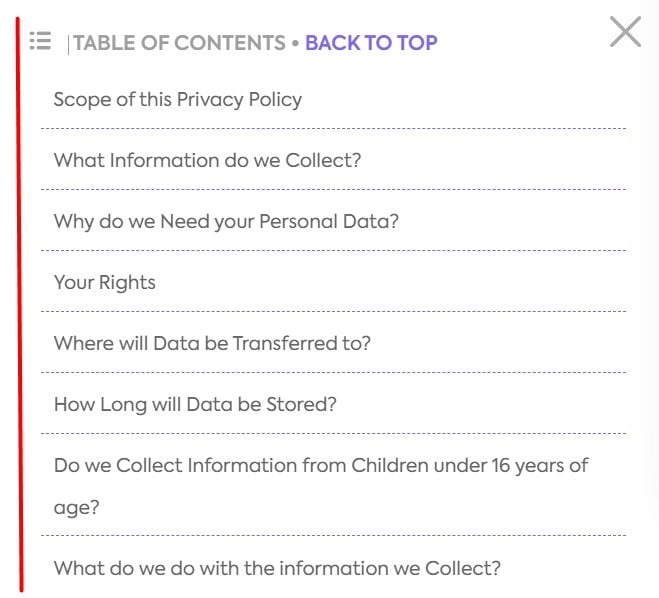 ClickUp Privacy Policy table of contents