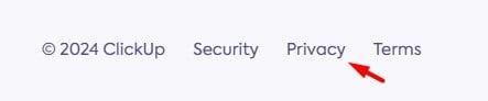 ClickUp website footer with Privacy link highlighted