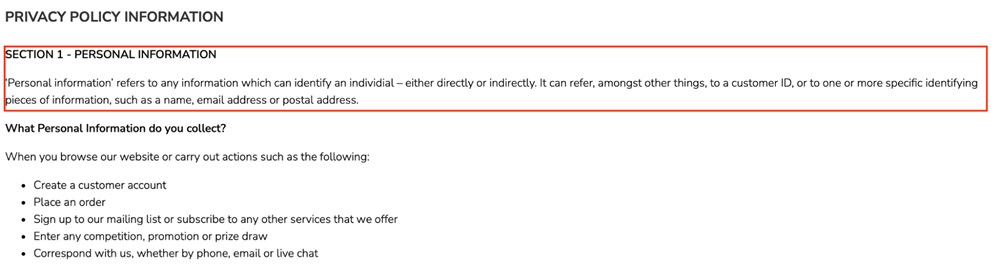 Collectif Clothing Privacy Policy: Personal Information clause
