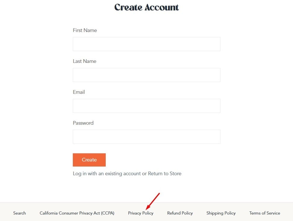 Screenshot of Create Account form with Privacy Policy link highlighted