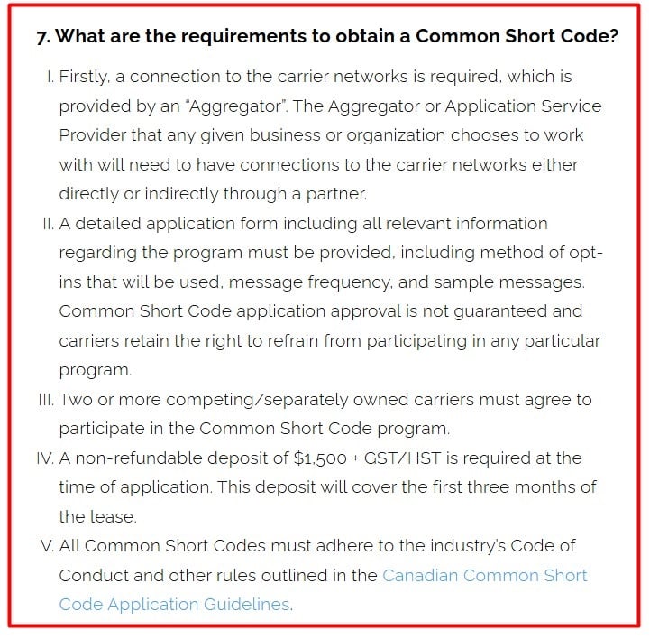 CTA requirements to obtain common short code