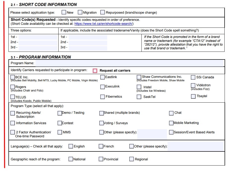 CTA Short Code application form excerpt - screenshot