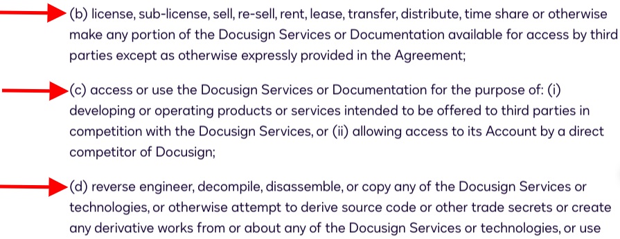 Docusign Terms and Conditions Restrictions excerpt