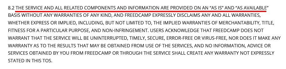 Freedcamp Terms As Is clause