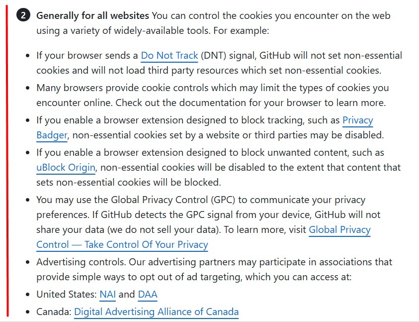 GitHub Privacy Policy: Control Tools clause