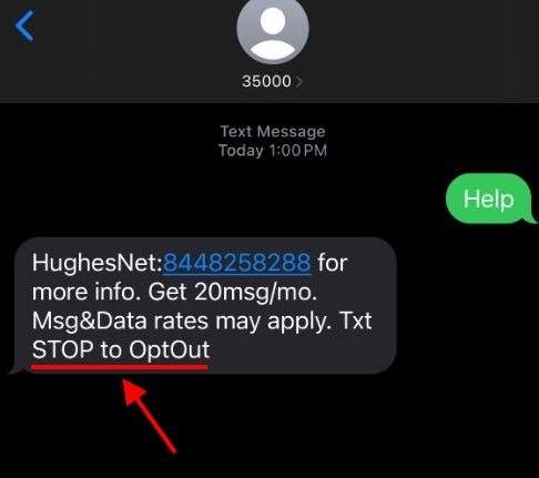 Hughesnet text message screenshot with opt out highlighted