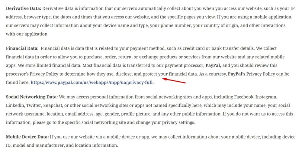 Jamie Morris Privacy Policy: Financial data clause