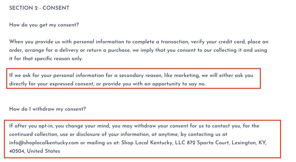 Kentucky Shop Privacy Policy: Consent clause