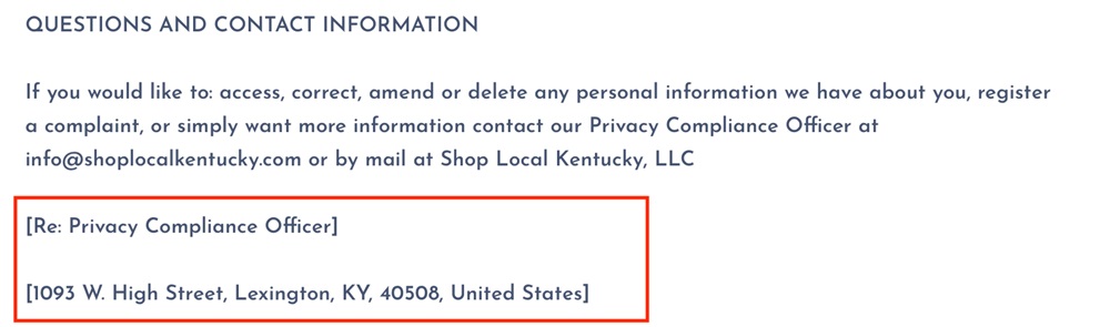 Kentucky Shop Privacy Policy: Contact clause