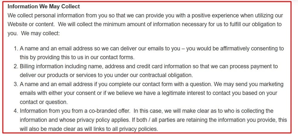 Lisa Tener Privacy Policy: Information we may collect clause