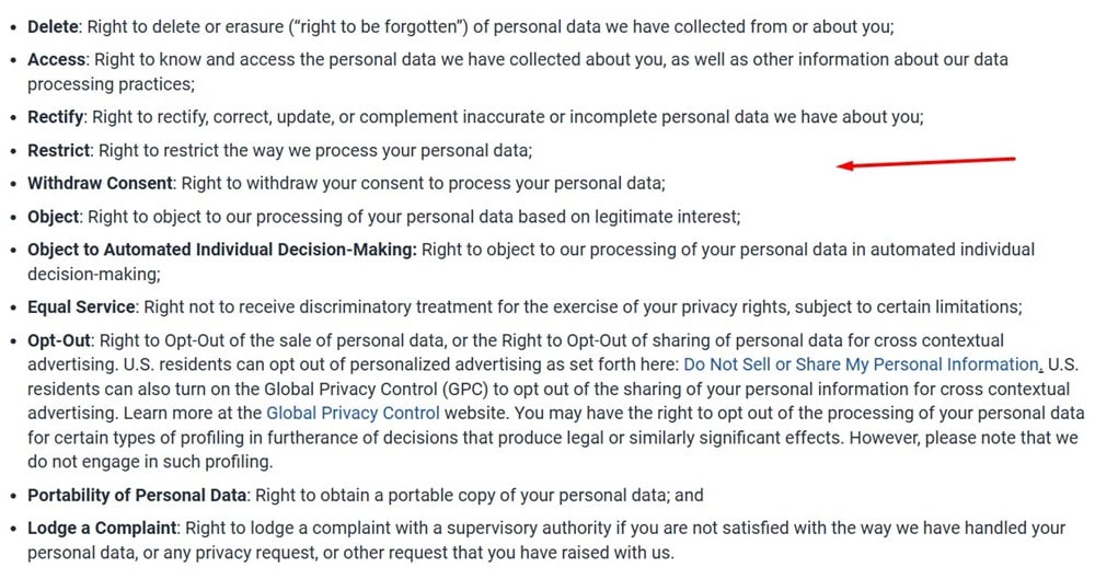 NortonLifeLock Privacy Policy: User rights clause