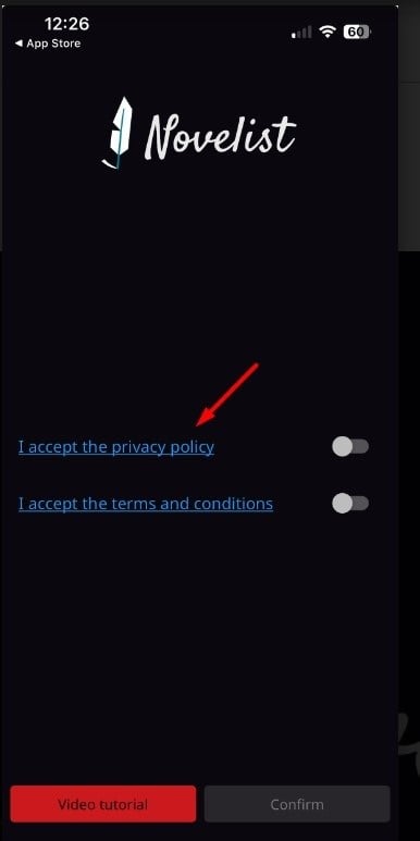 Novelist app with Privacy Policy link highlighted
