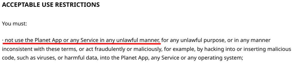 Planet App EULA: Acceptable use restrictions clause