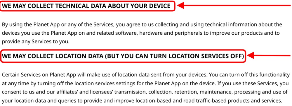 Planet App EULA: Data Collect clause