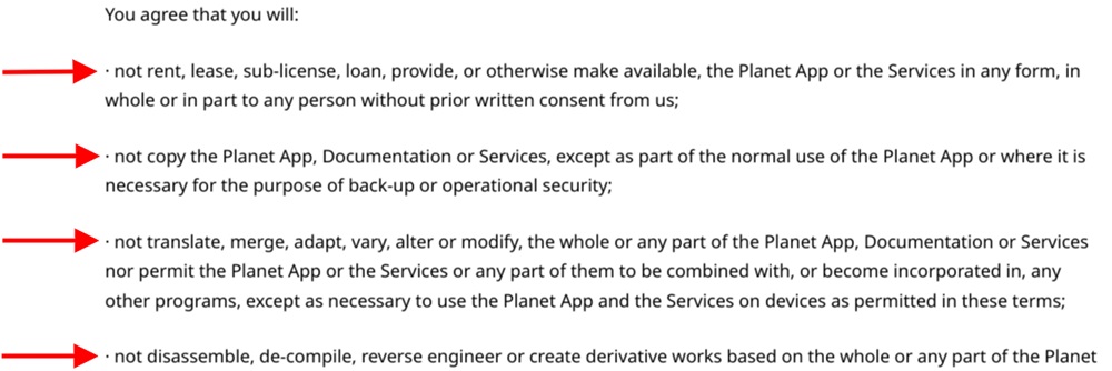 Planet App EULA: Restrictions clause