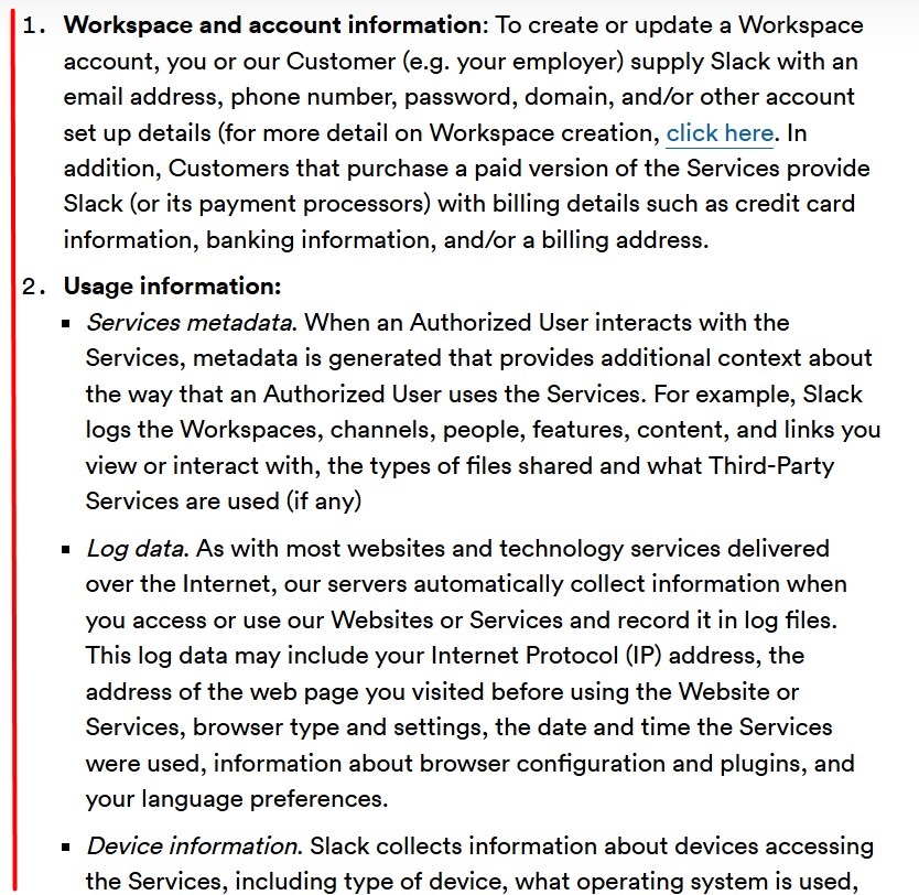 Slack Privacy Policy: Information collected clause excerpt