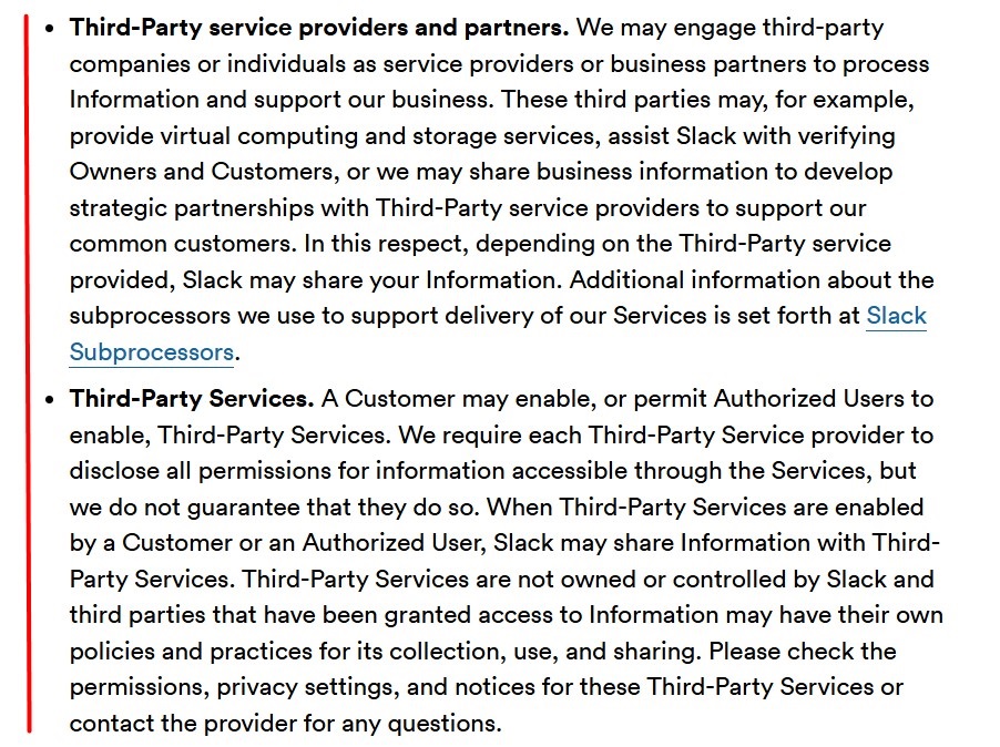 Slack Privacy Policy: Third party clause