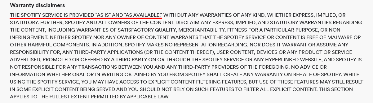 Spotify Terms Warranty Disclaimer with As is and As Available highlighted