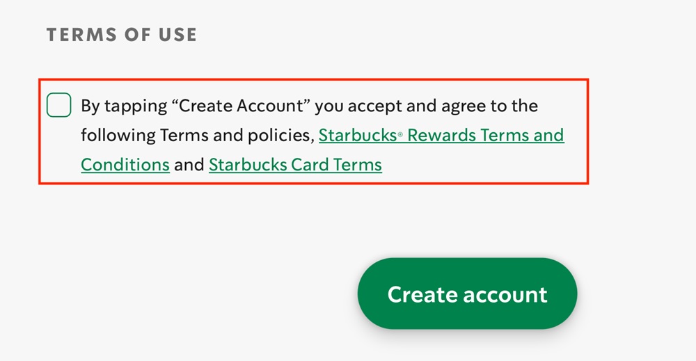 Starbucks Rewards Create Account agree checkbox