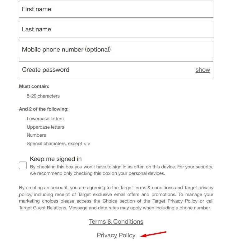 Target account login form with Privacy Policy link highlighted