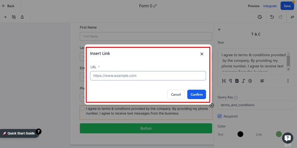 TermsFeed Modern - Form - Builder - T and C element editor - the Terms and Conditions text selected and Insert Link window shown