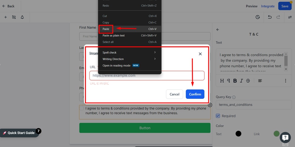 TermsFeed Modern - Forms - Builder - T and C checkbox element editor - Insert Link window with URL field paste and Confirm option highlighted