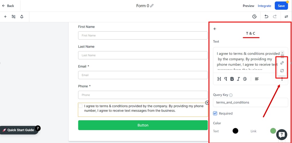 TermsFeed Modern - Forms - Builder - T and C checkbox element editor - Link settings options highlighted