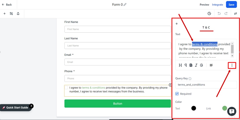 TermsFeed Modern - Forms - Builder - T and C checkbox element editor - Select terms and conditions text and open link settings in the text editor highlighted