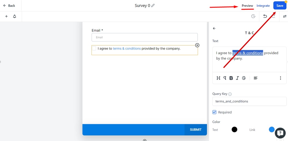 TermsFeed Modern - Forms - Builder - T and C checkbox element editor - Terms and Conditions link added - Save and Preview highlighted