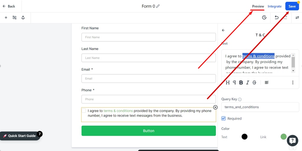 TermsFeed Modern - Forms - Builder - T and C checkbox element editor - Terms and Conditions link added - Save and Preview highlighted