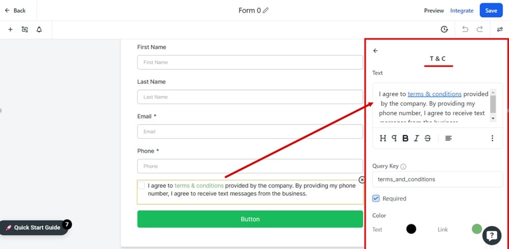 TermsFeed Modern - Forms - Builder - Add new form - template form opened - checkbox element highlighted