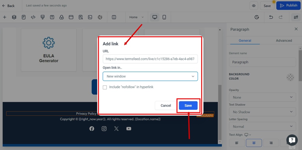 TermsFeed Modern - Home page - Edit - Footer section with Privacy Policy - Add link window URL field pasted - Open in a new window - Save