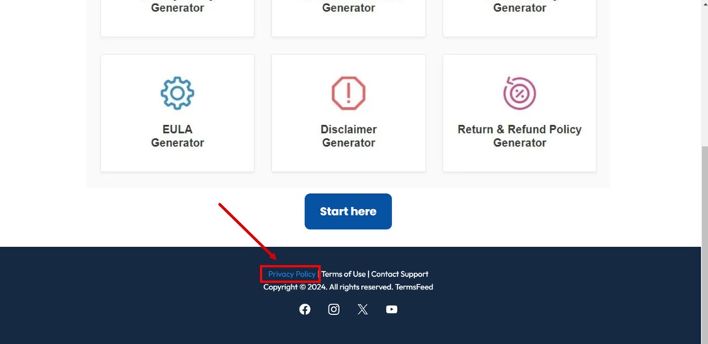 TermsFeed Modern - Home page - Footer section with the Privacy Policy linked and displayed highlighted