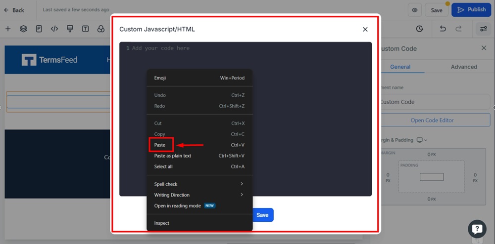 TermsFeed Modern - Page - Edit - Custom code element - Code Editor window - paste