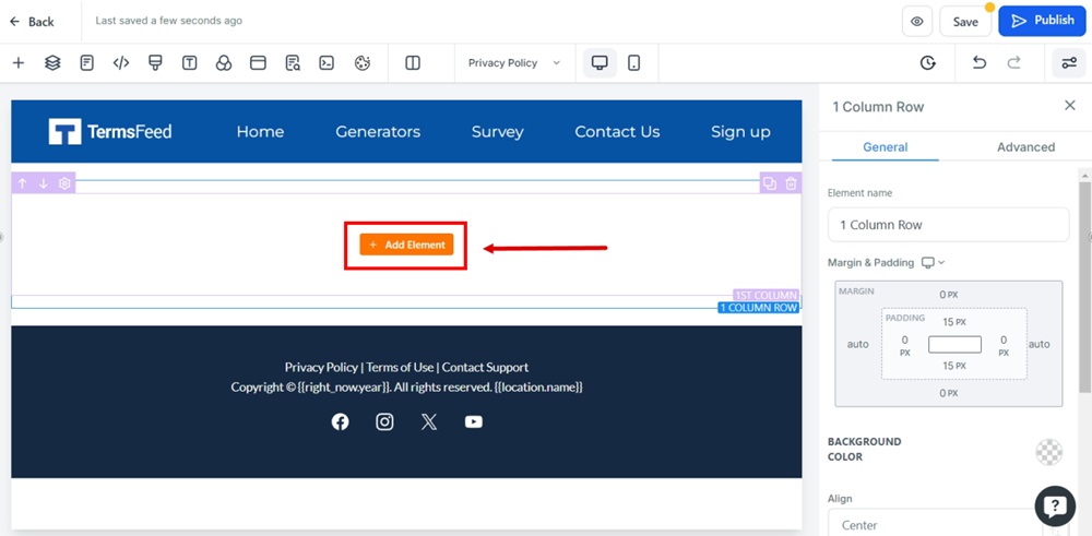 TermsFeed Modern - Privacy Policy - Edit with Add row - 1 column - Add element button selected