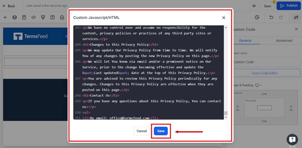 TermsFeed Modern - Privacy Policy - Edit - Custom code element - Code Editor window - pasted - Save