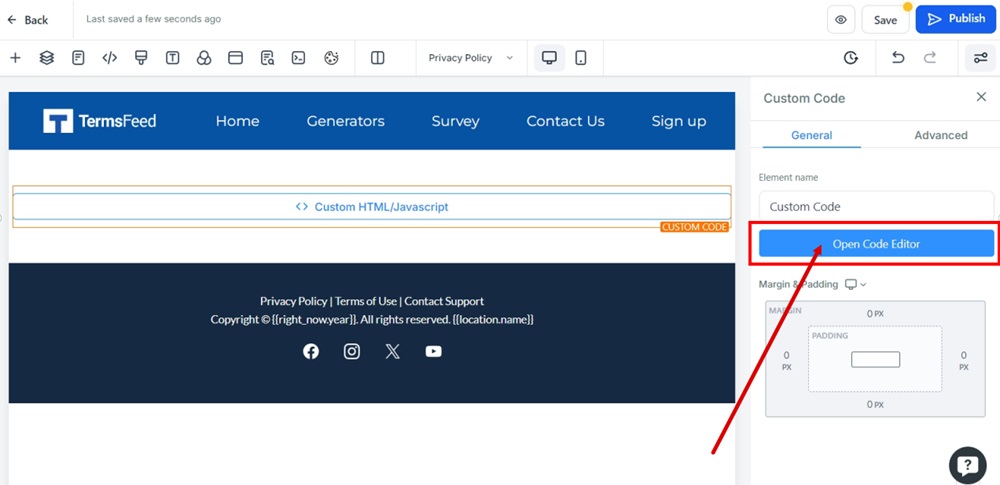TermsFeed Modern - Privacy Policy - Edit - Custom code element - Open Code Editor button selected