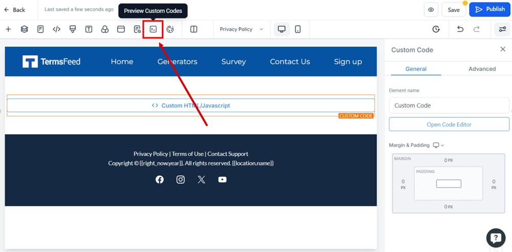 TermsFeed Modern - Privacy Policy - Edit - Custom code element - The preview option highlighted