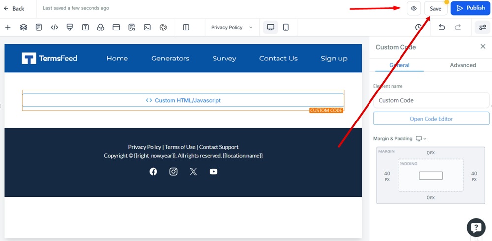 TermsFeed Modern - Privacy Policy - Edit - Custom code element - Save and Preview options highlighted