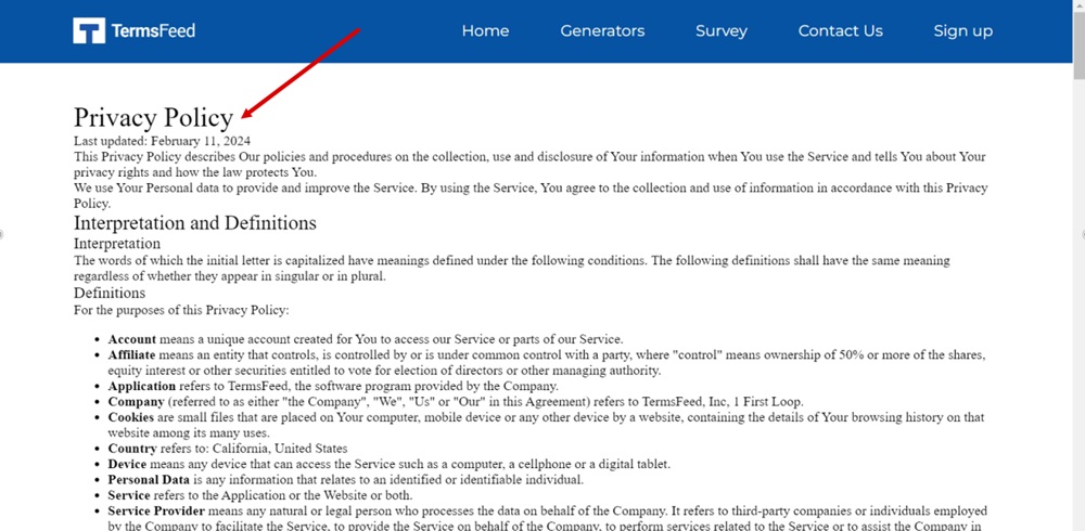 TermsFeed Modern - Privacy Policy page displayed