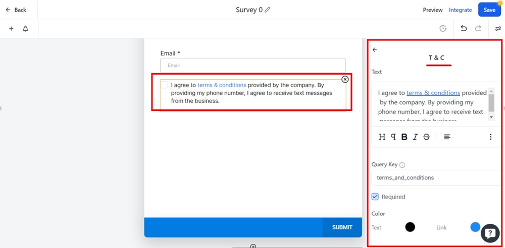 TermsFeed Modern - Surveys - Builder - Add elements opened - T and C element selected and editor shown