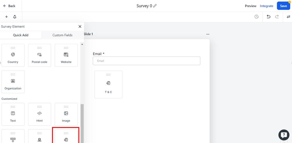 TermsFeed Modern - Surveys - Builder - Add elements opened - T and C element selected