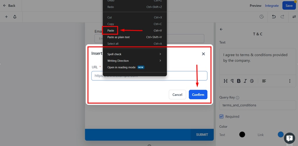 TermsFeed Modern - Surveys - Builder - T and C element editor - the Terms and Conditions text selected and Insert Link window shown - paste URL Confirm