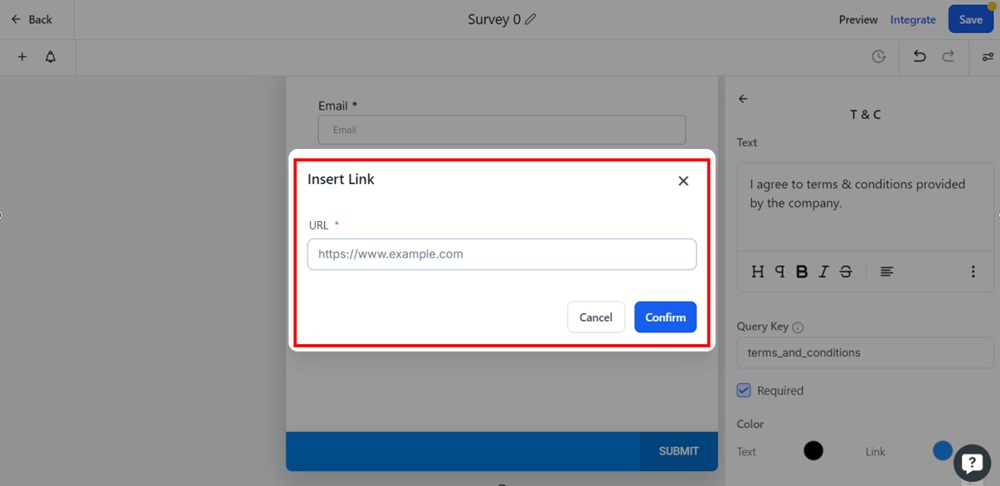 TermsFeed Modern - Surveys - Builder - T and C element editor - the Terms and Conditions text selected and Insert Link window shown