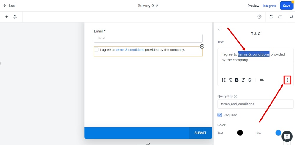 TermsFeed Modern - Surveys - Builder - T and C element editor - the Terms and Conditions text selected and Link settings highlighted