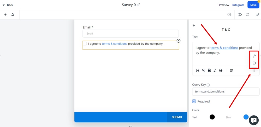 TermsFeed Modern - Surveys - Builder - T and C element editor - the Terms and Conditions text selected and Link settings opened highlighted