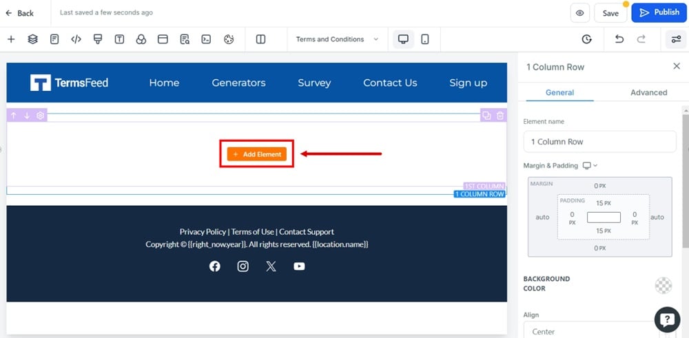 TermsFeed Modern - Terms and Conditions - Edit with Add row - 1 column - Add element button selected