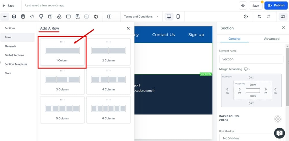 TermsFeed Modern - Terms and Conditions - Edit with Add row - 1 column selected